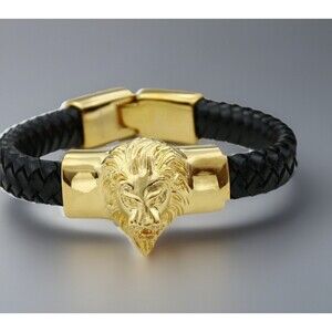 9"Stainless Steel 13mm LION FACE Gold Plated Black Braided Leather Bracelet